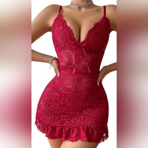 Dark Romantic Red Sheer 2‎ Piece Lingerie Ruffle Lace Babydoll Nightgown & Thong